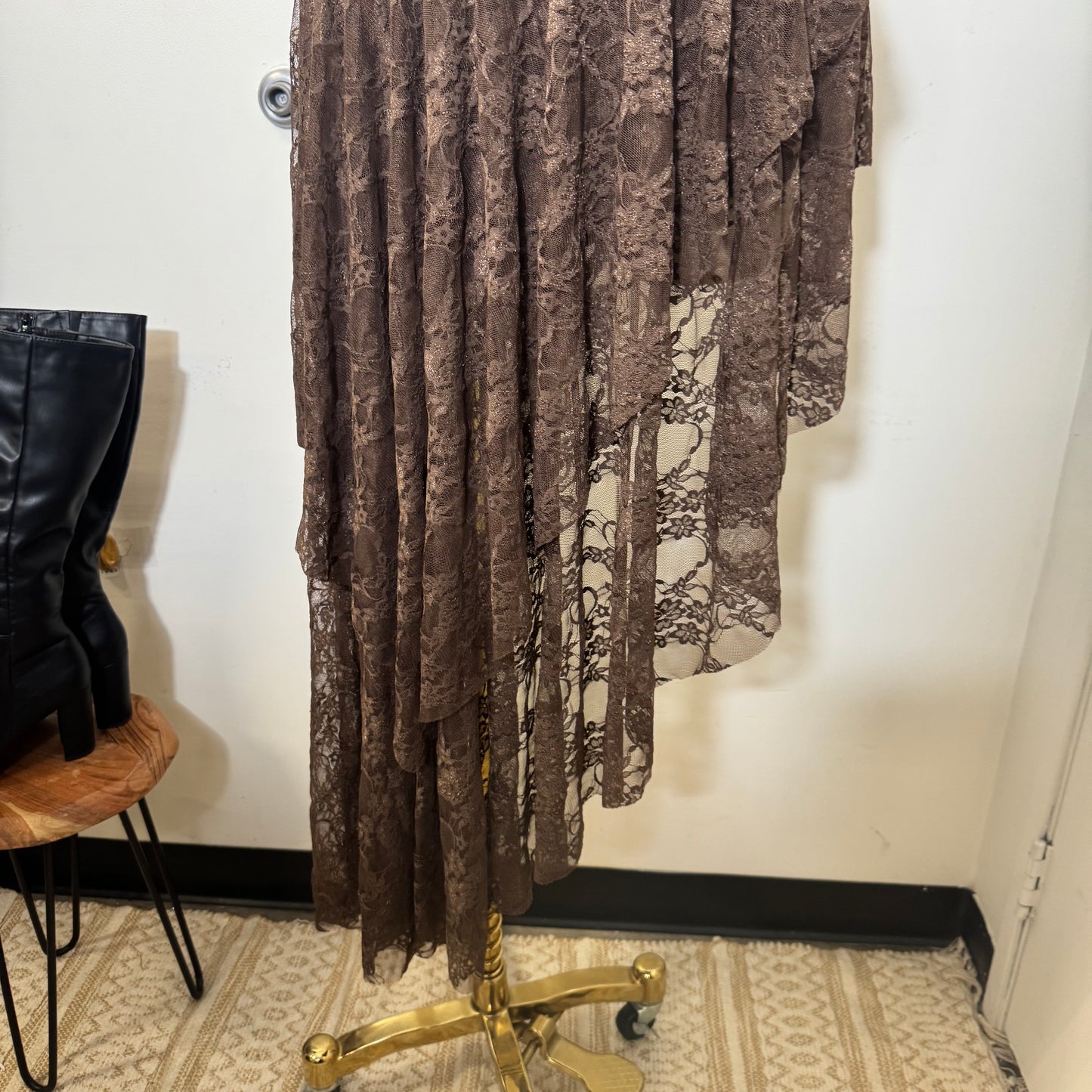 Lace Double Layer Ruffle Asymmetrical Maxi Dress-Brown