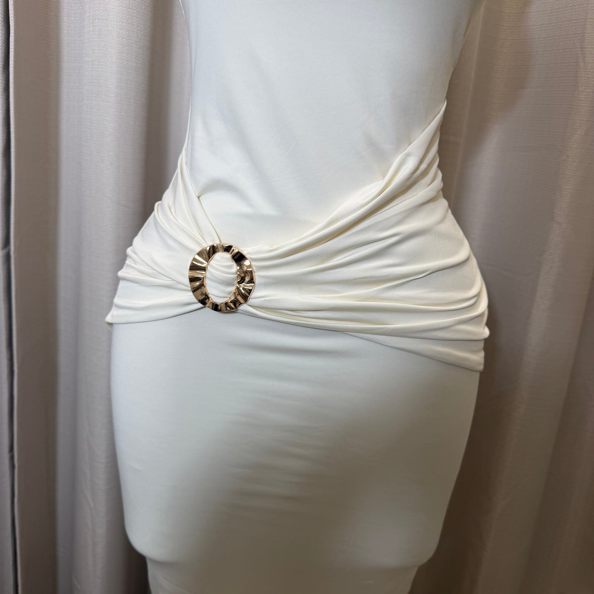 Ring Detail Ruched Midi Dress-Cream/White