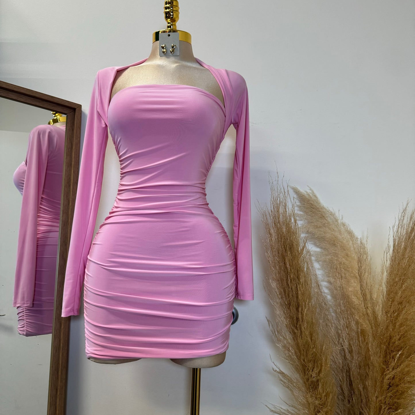 Barbie Long Sleeve Squareneck Dress-Baby Pink