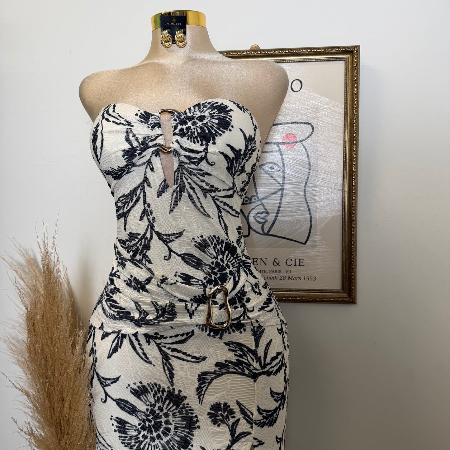 Printed Knit Jacquard w/ Metal Trim Tube Midi Dress-Black/White