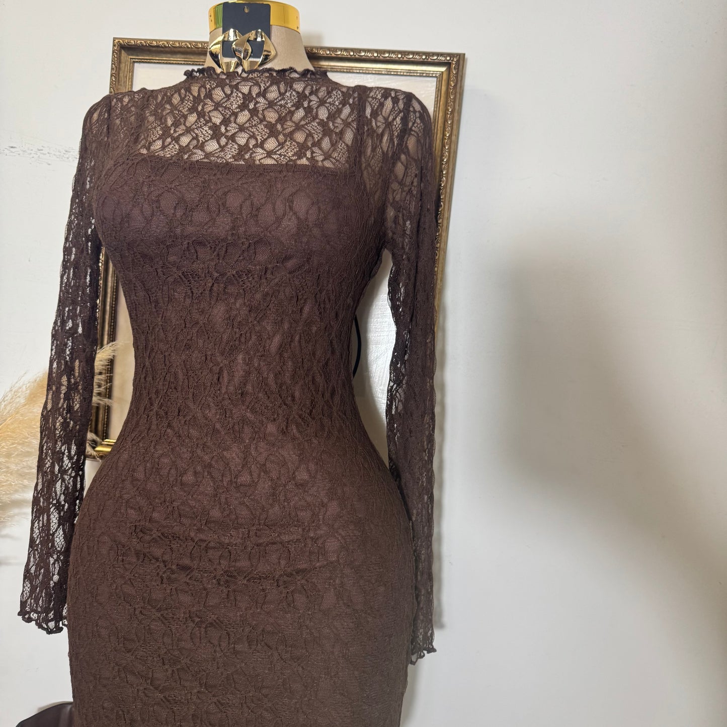 Rosie Lace Midi Dress-Brown