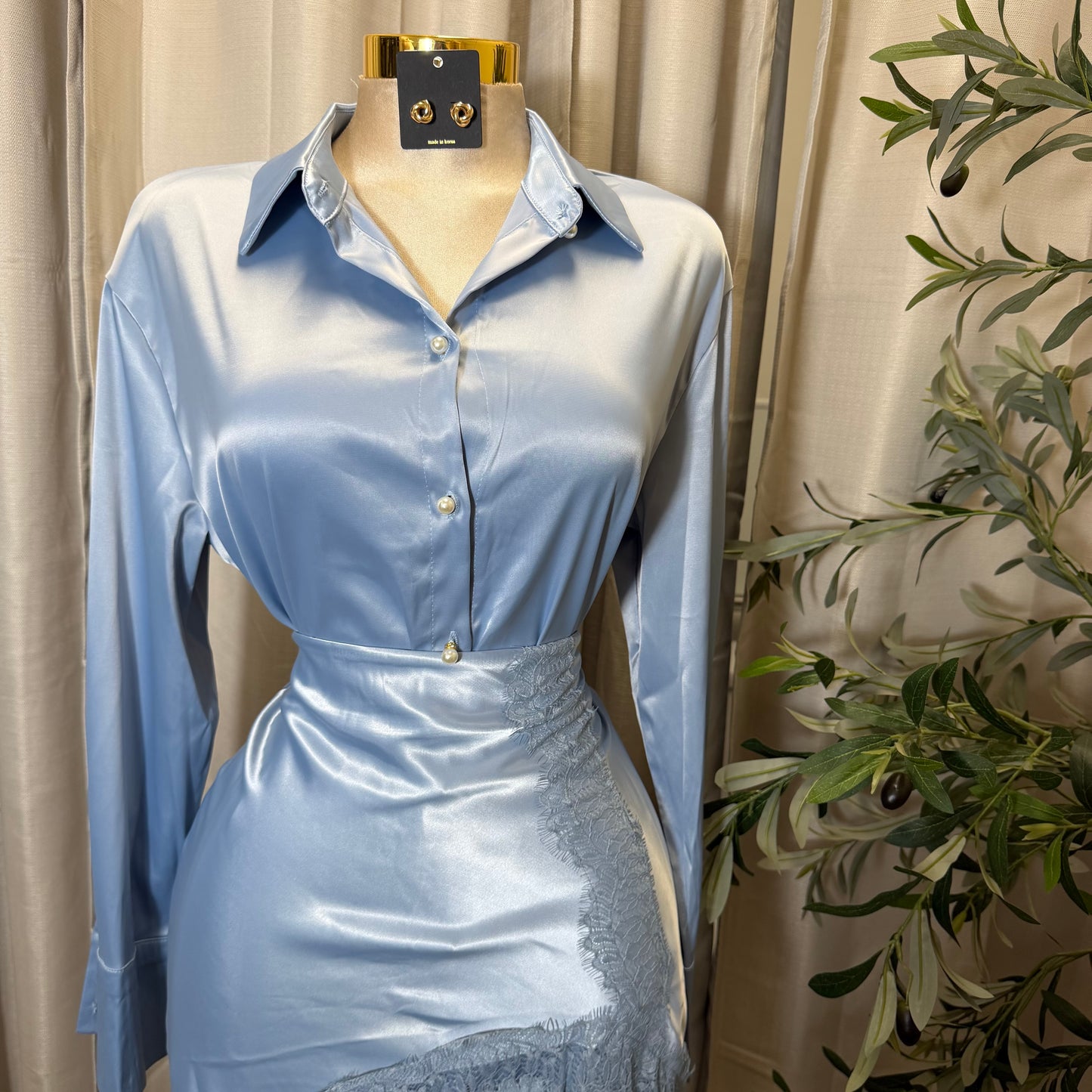 Satin Long Sleeve Top with Lace Skirt-Blue