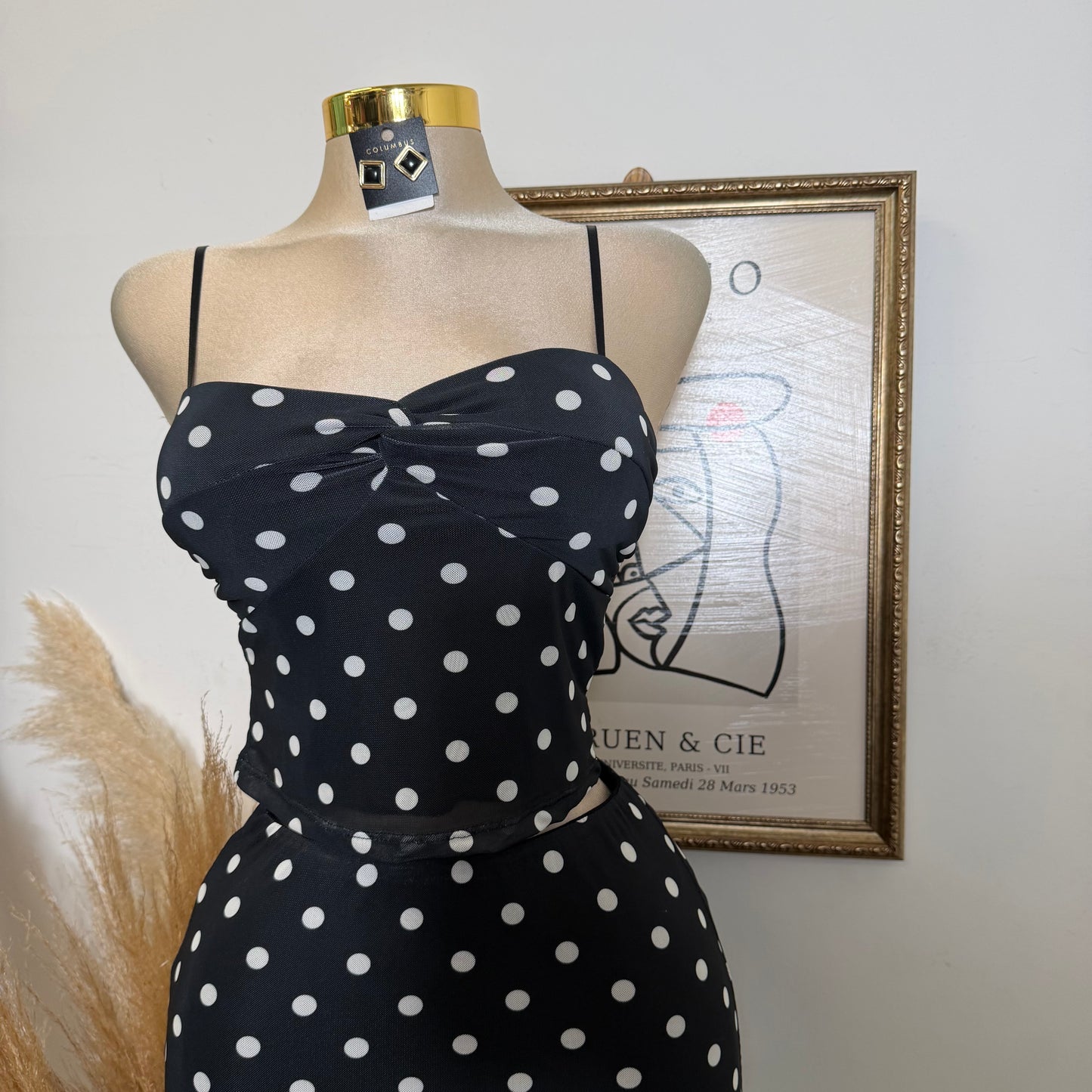 Polka DoT Mesh Print Twist Cami Top & Slit Maxi Skirt-White/Black