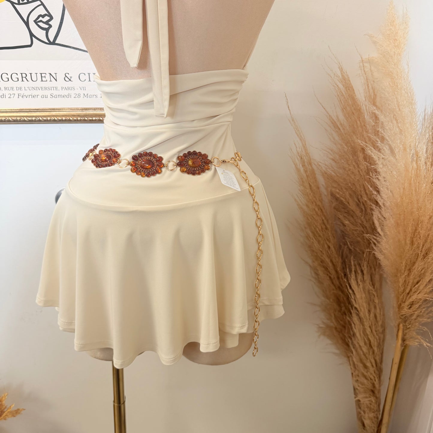 Sleeveless Open Back Halter Ruffle Romper-Beige