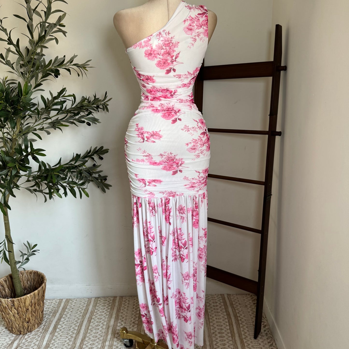 One Shoulder Mesh Maxi Dress-Pink/White