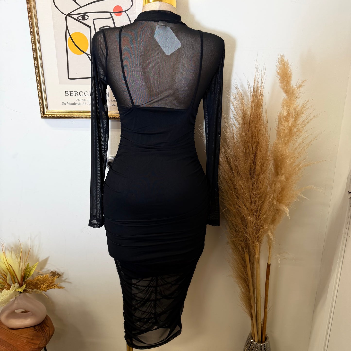 Mesh Side Shirring Midi Dress-Black