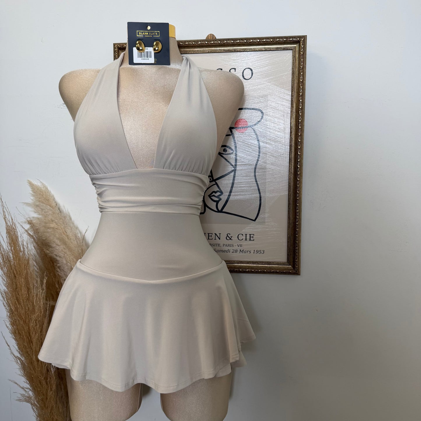 Sleeveless Open Back Halter Ruffle Romper-Stone