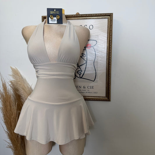 Sleeveless Open Back Halter Ruffle Romper-Stone