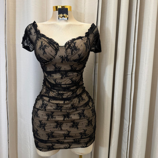 Ruched off the shoulder mini Dress-Black