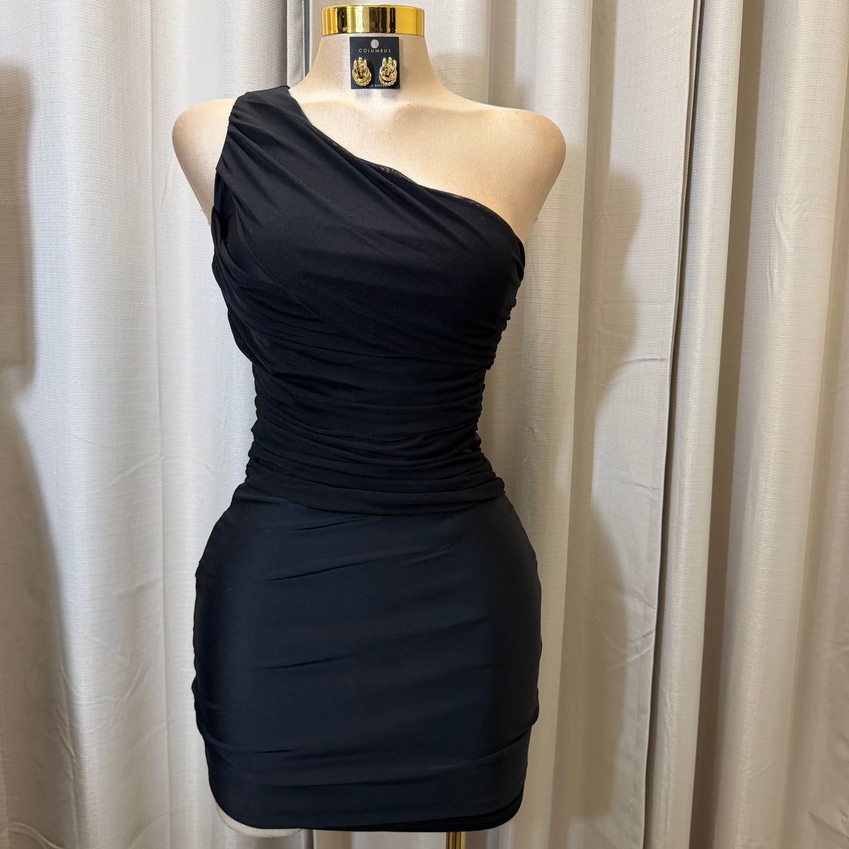 Nylon Yoga Knit with Mesh one shoulder Draped Bodycon Mini dress-Black