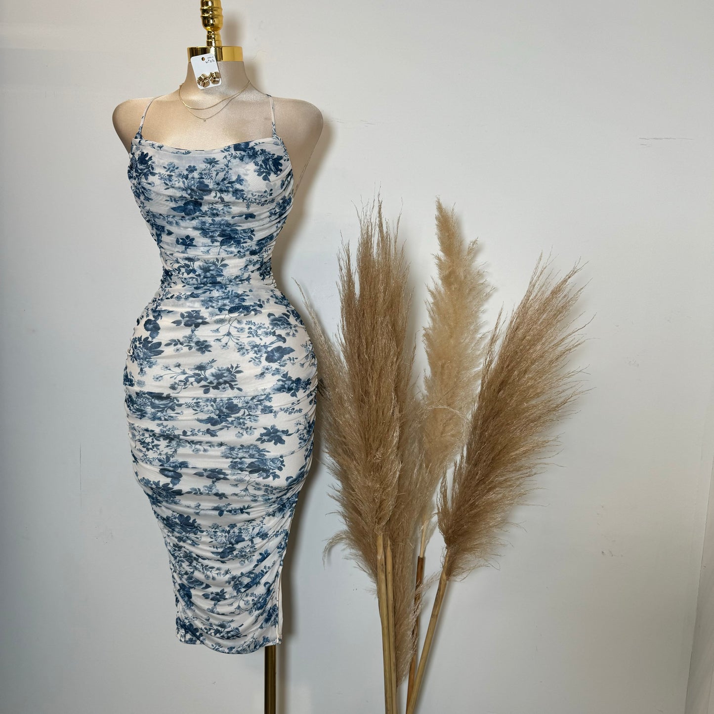 Floral Pleated Neckline Ruched Mini Dress-Blue/White