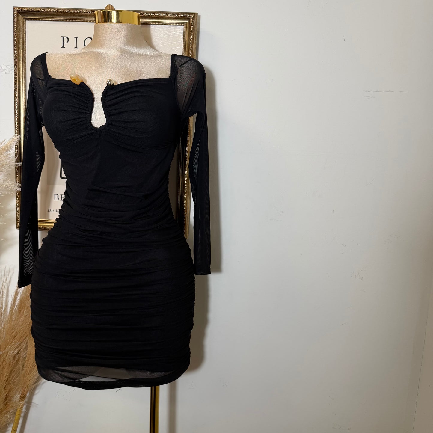 Off Shoulder Ruched Bodycon Mini Dress-Black