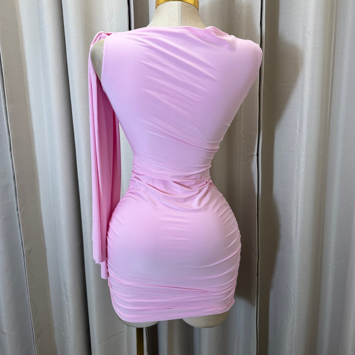 Off Shoulder Ruched Side Tie Mini Dress-Baby Pink