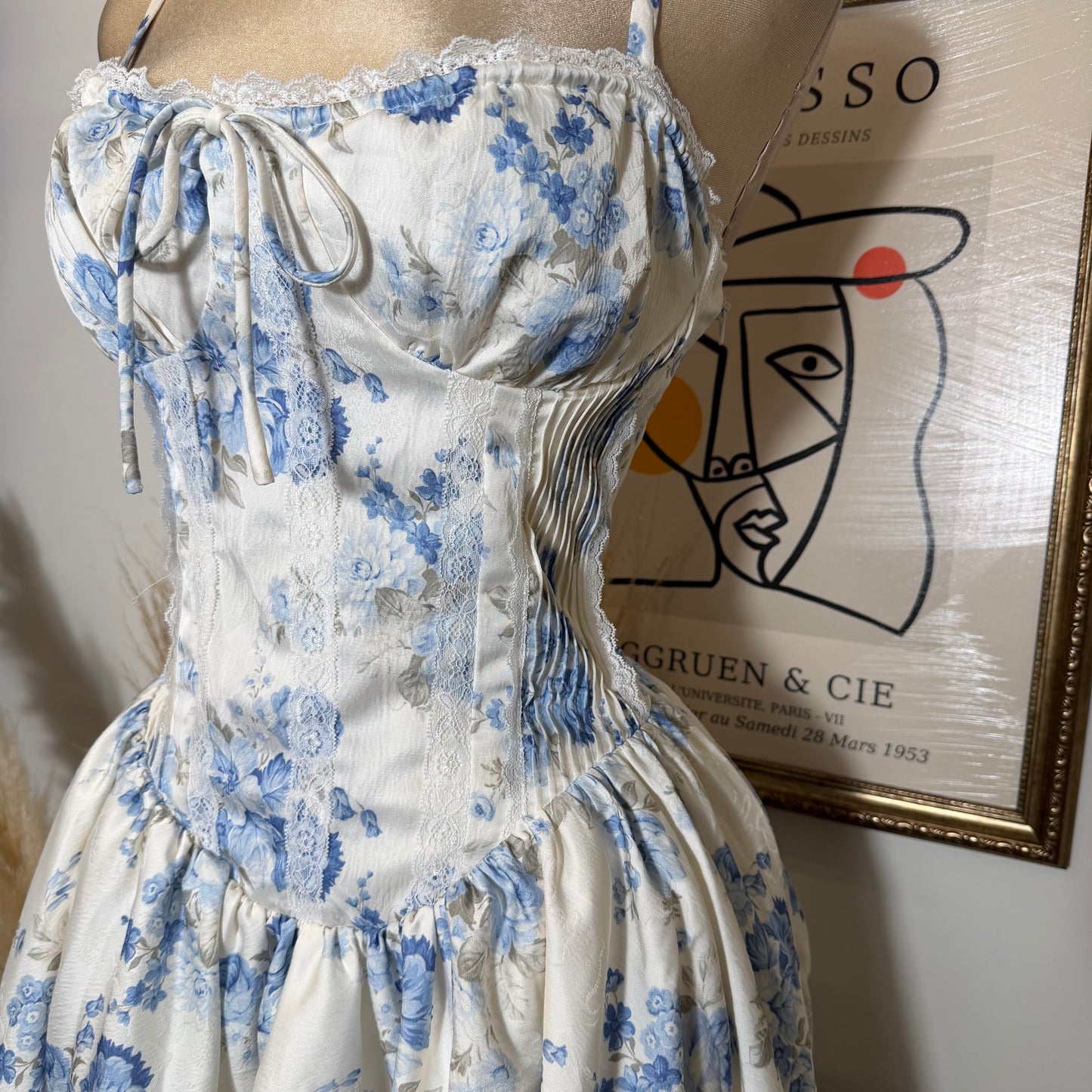 Corset Back Jacquard Mini Dress-Peach/Blue