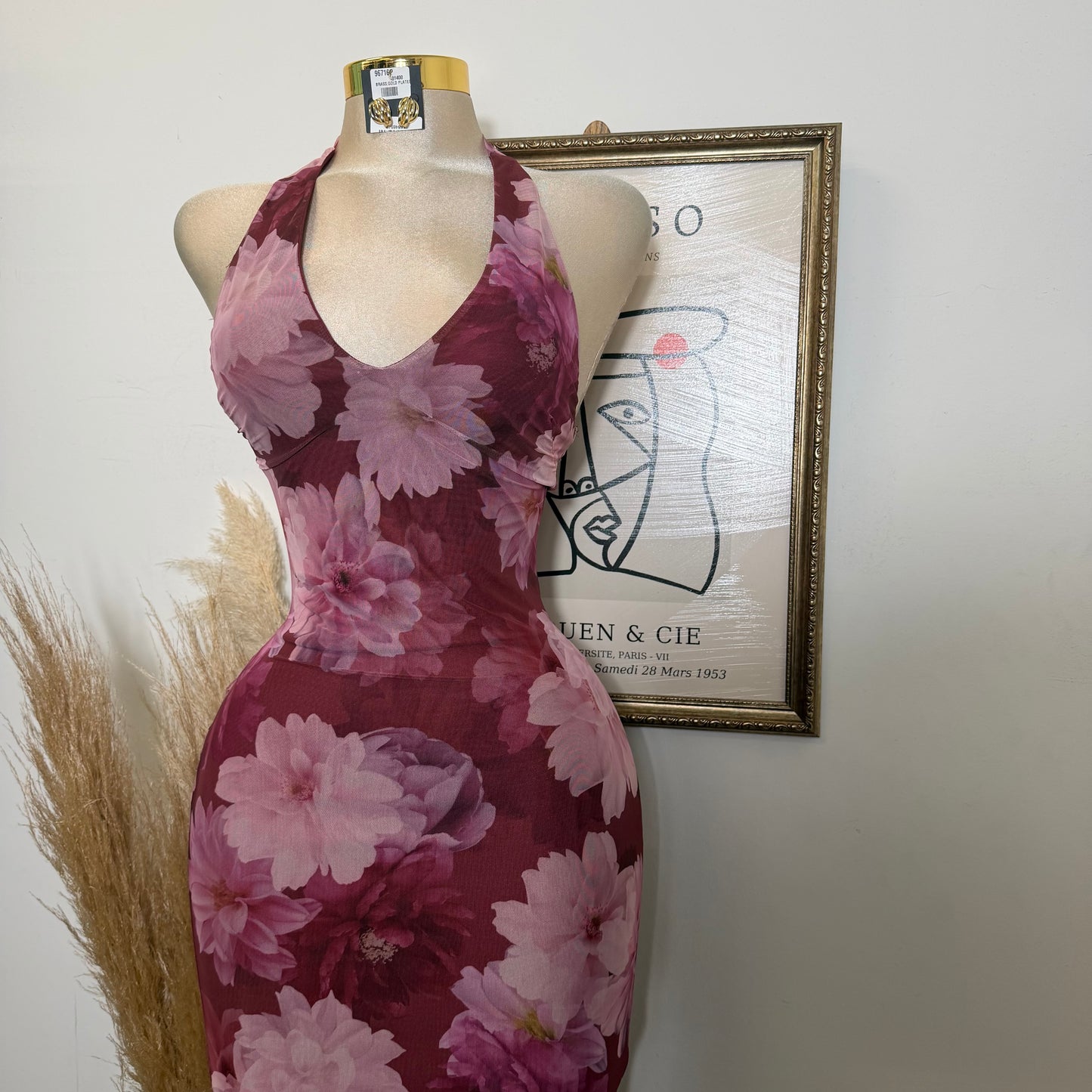 Mesh Print Halter Neck Back slit Maxi Dress-Mauve