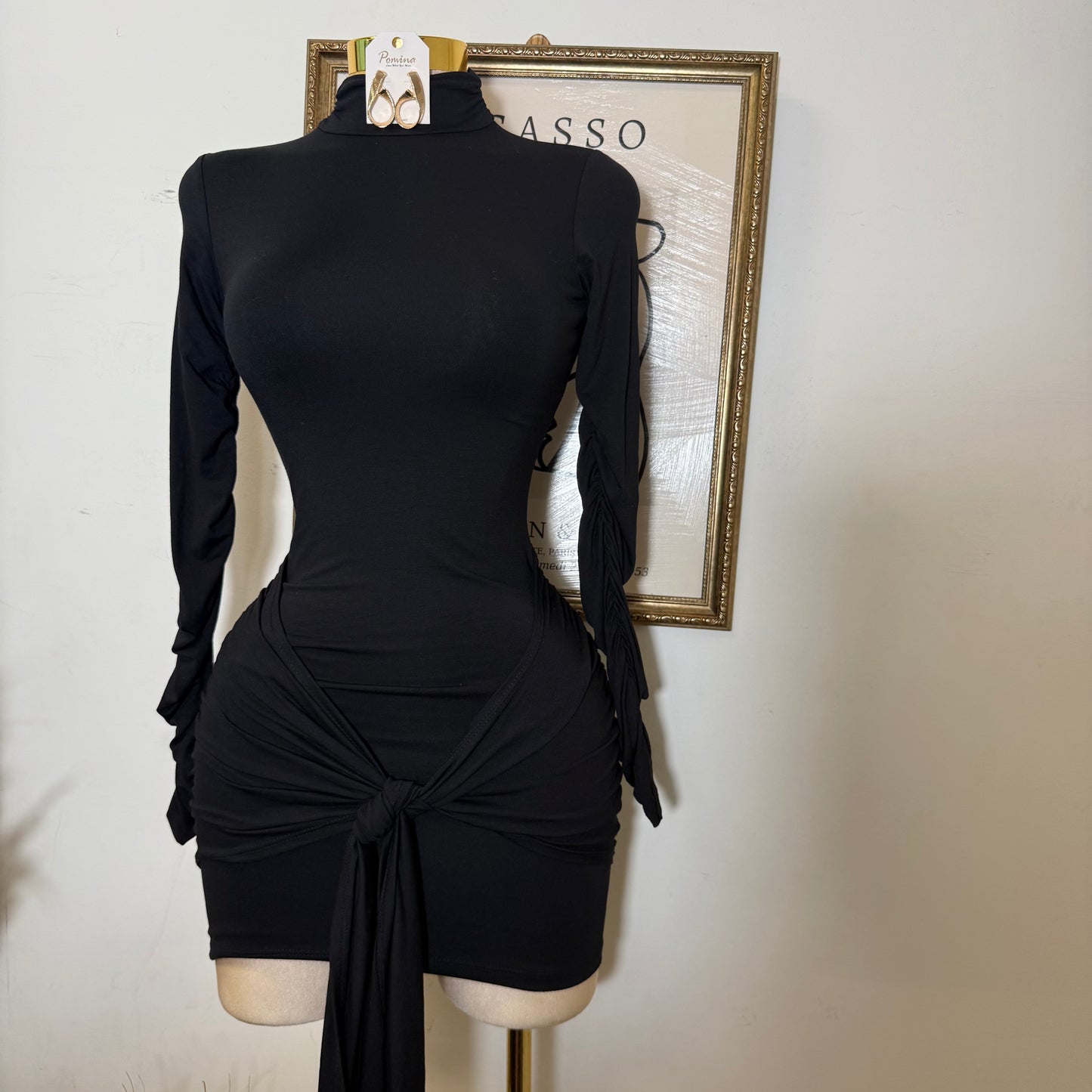 Long Sleeve Front Tie Mini Dress-black