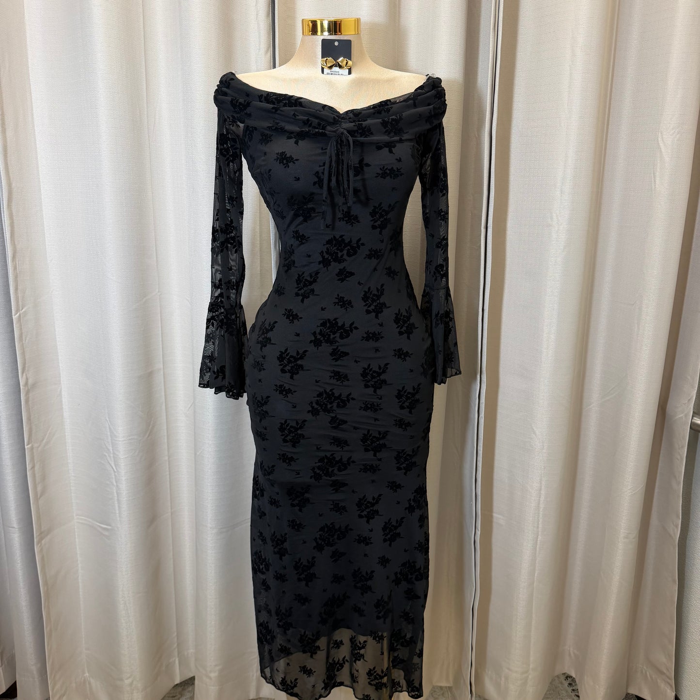 Flocked Long Sleeve Mesh off shoulder maxi Dress-Black/Black