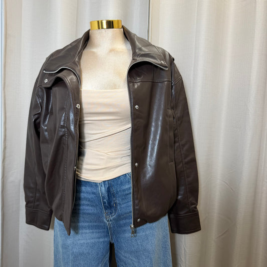 Leather Bomber Jacket-Brown