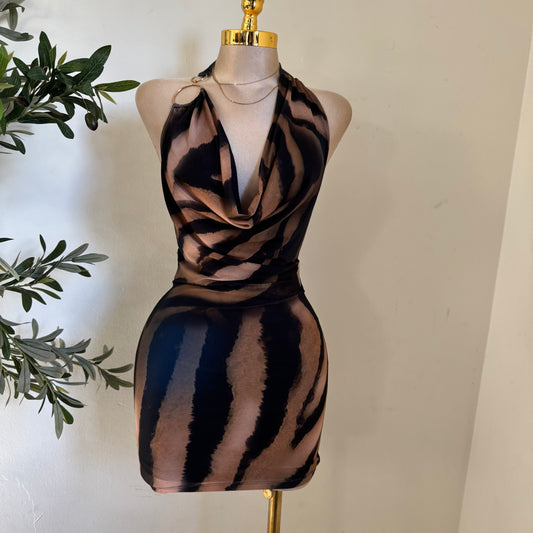 Cowl Halter Mesh Dress-Print Animal