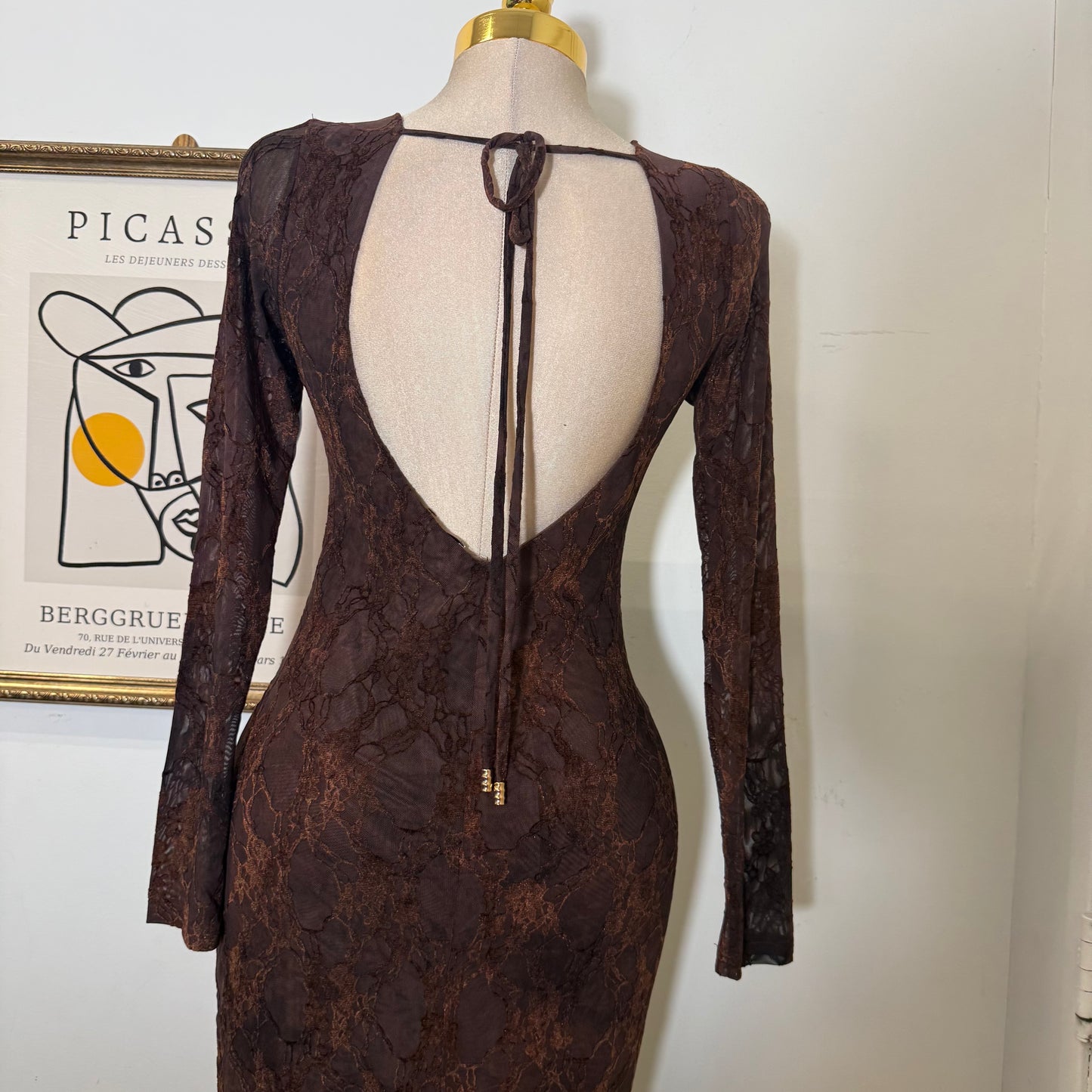 Tie Back Burnout Mesh Print Long Sleeve Maxi Dress-chocolate
