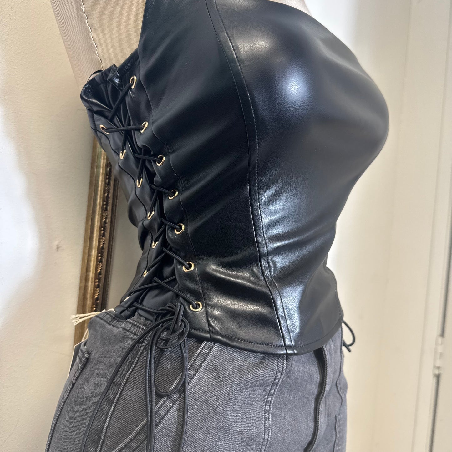 Eyelet Side Detail Halter Neck Corset Top-Black