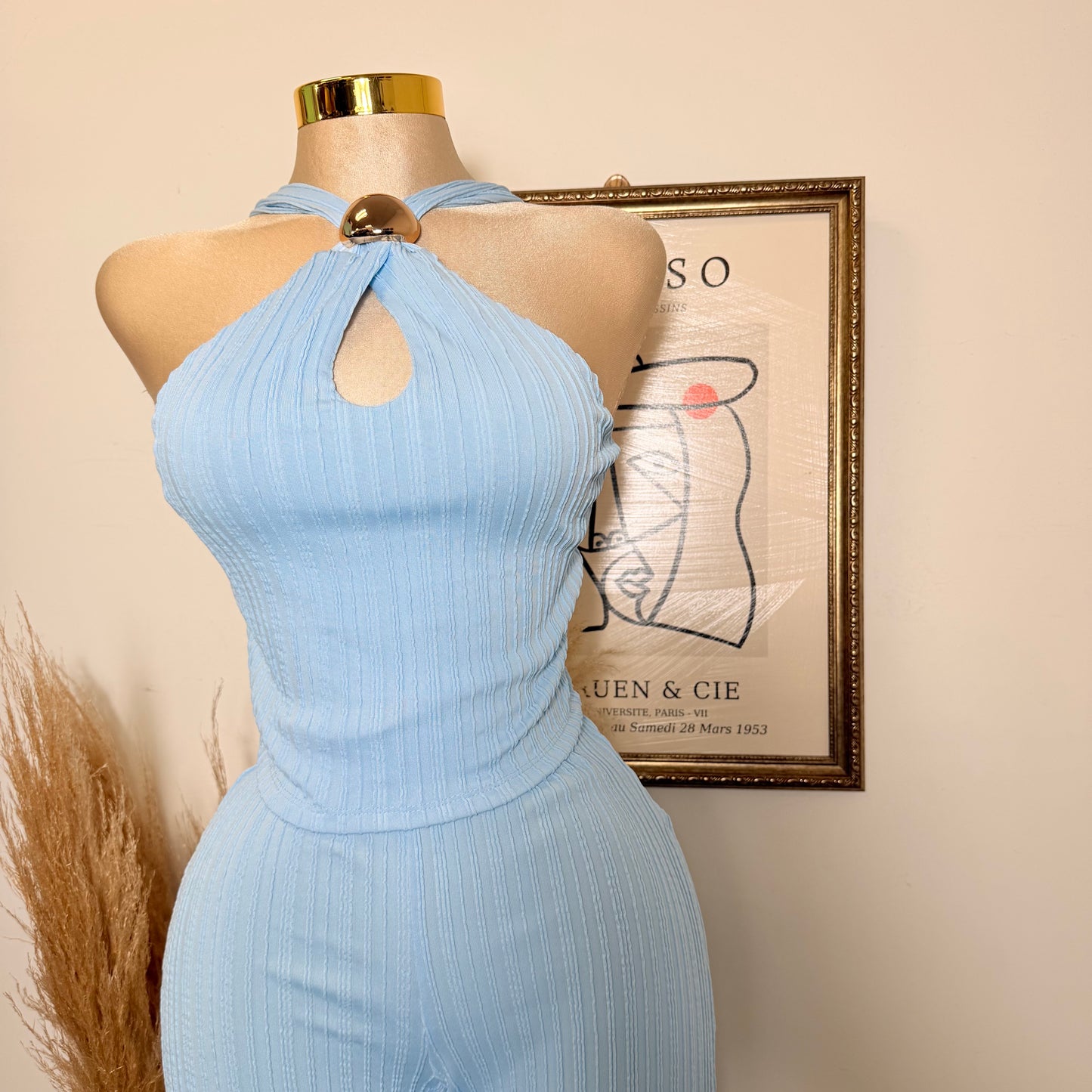 Front Cut Out Jewel Decor Halter Style Top and Pant Set-Baby Blue