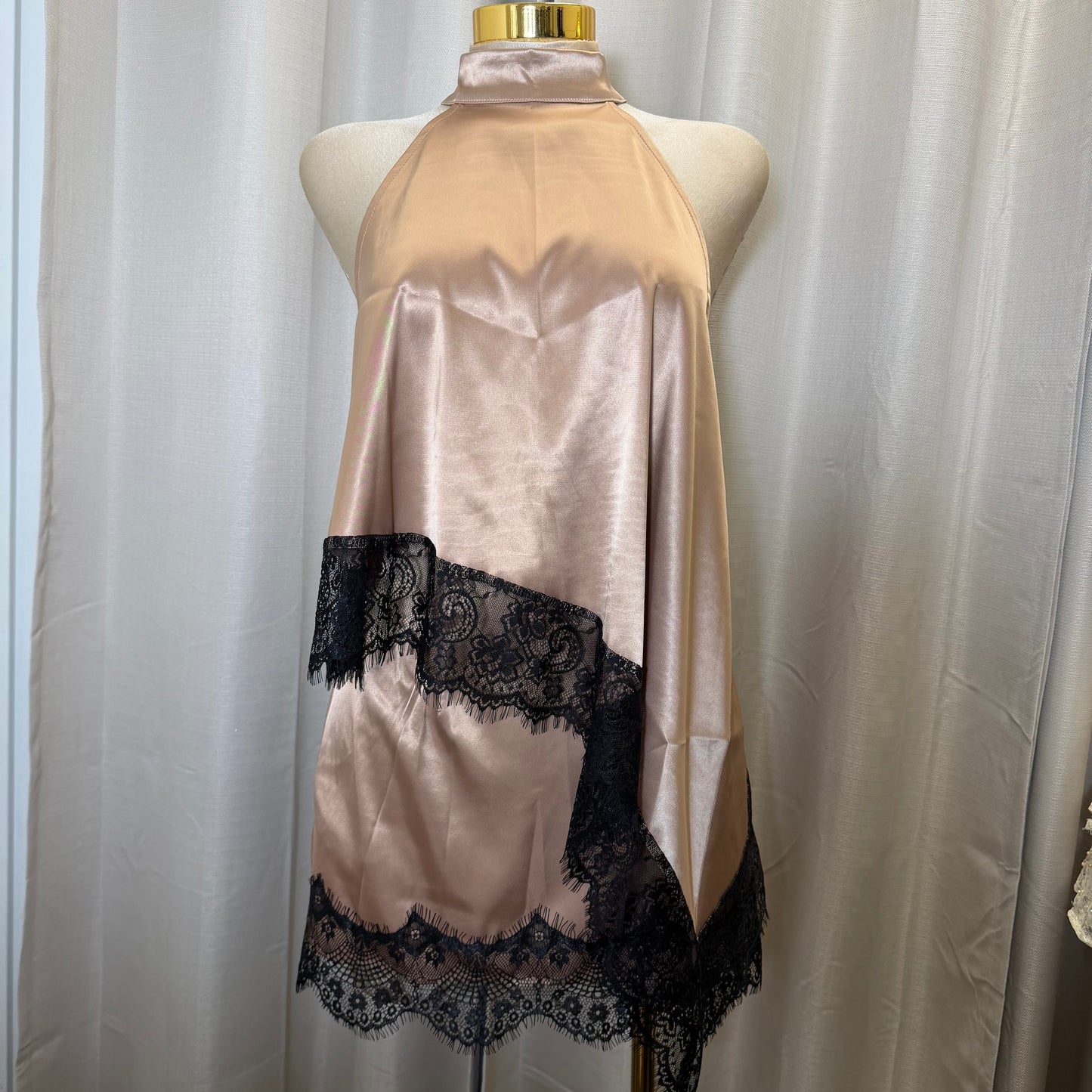 Satin Asymmetrical lace Top skirt Set-brown