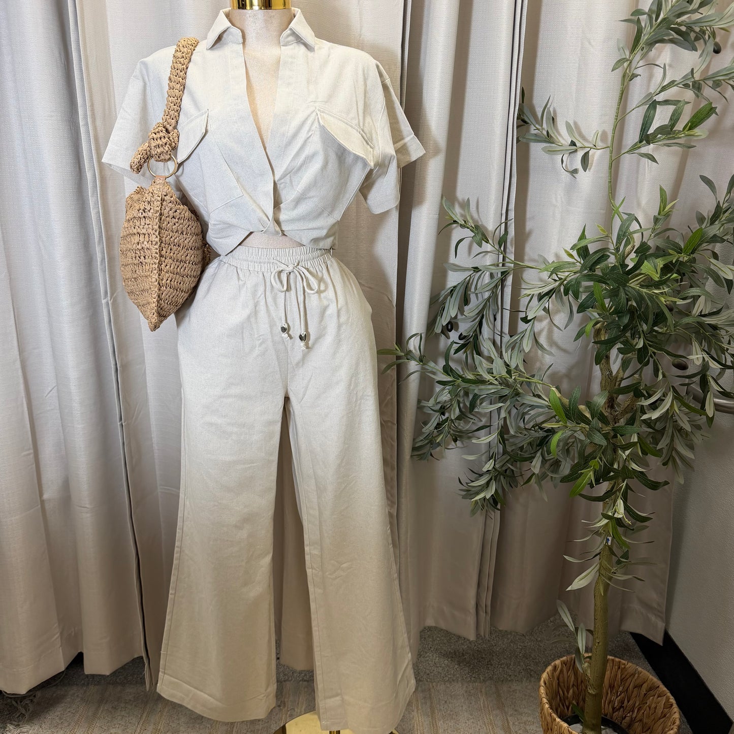 Front twist Top and wide leg pant Set-Beige