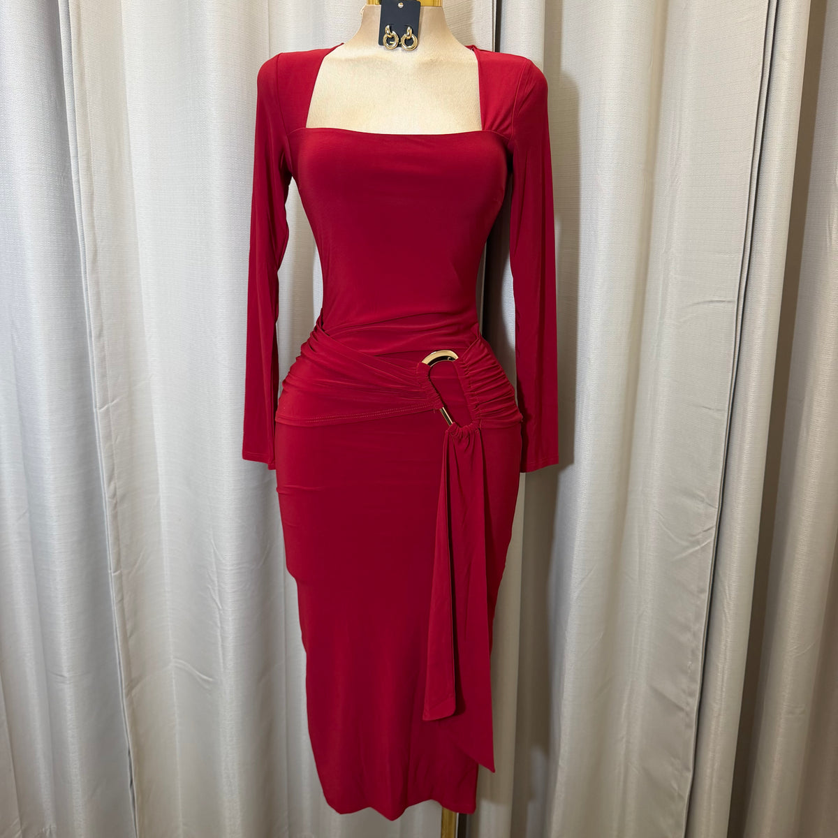 Square Neck Gold Trim Midi Dress-Burgundy