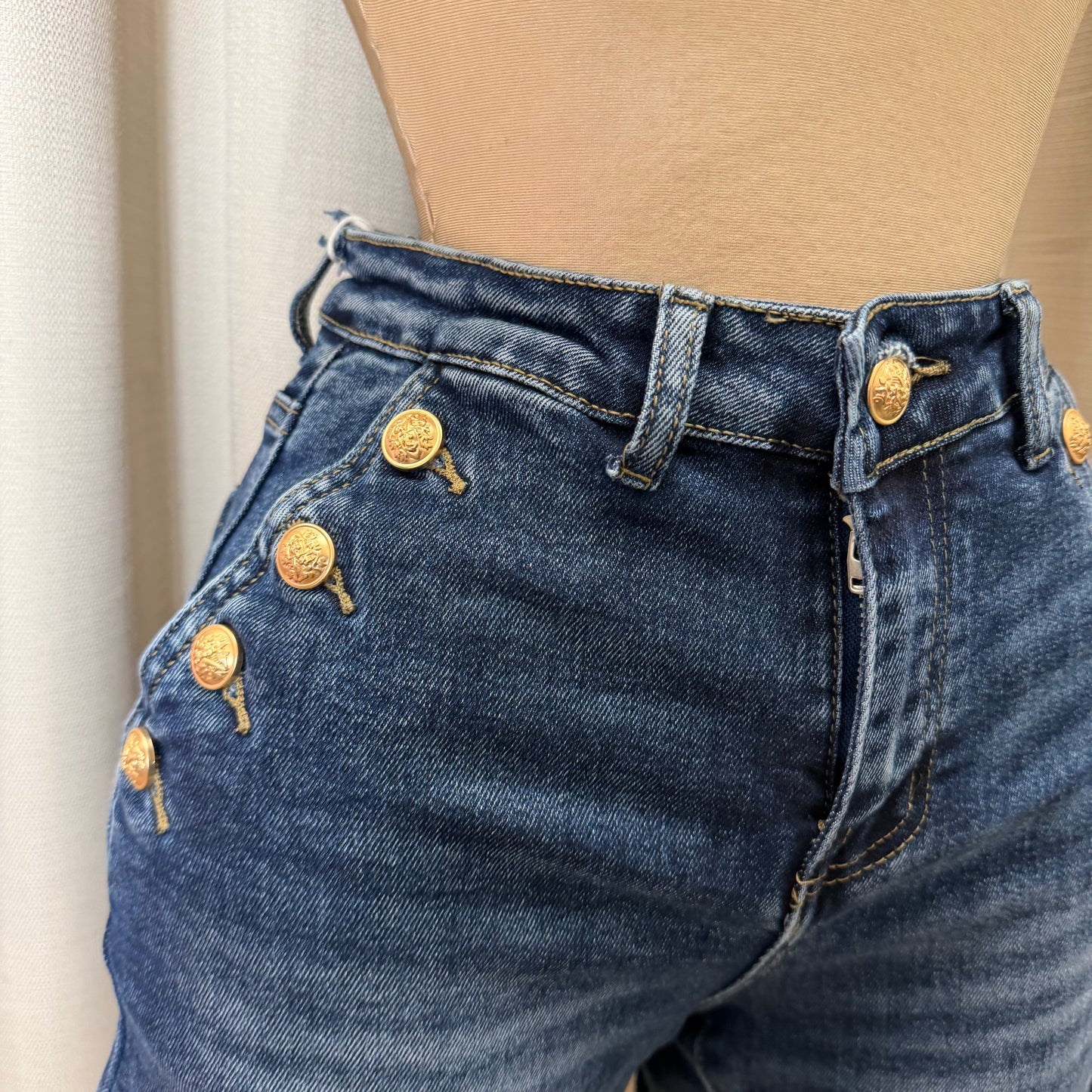 High Waisted Shorts Gold Button-Medium Wash