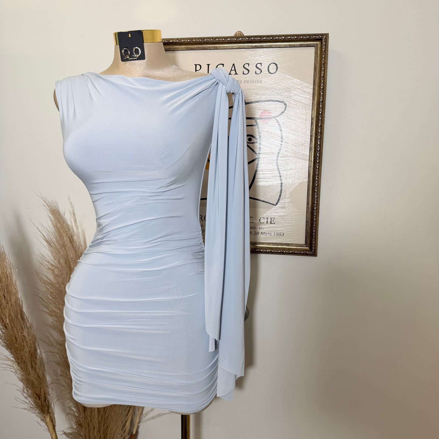 Off Shoulder Ruched Side Tie Mini Dress-Blue