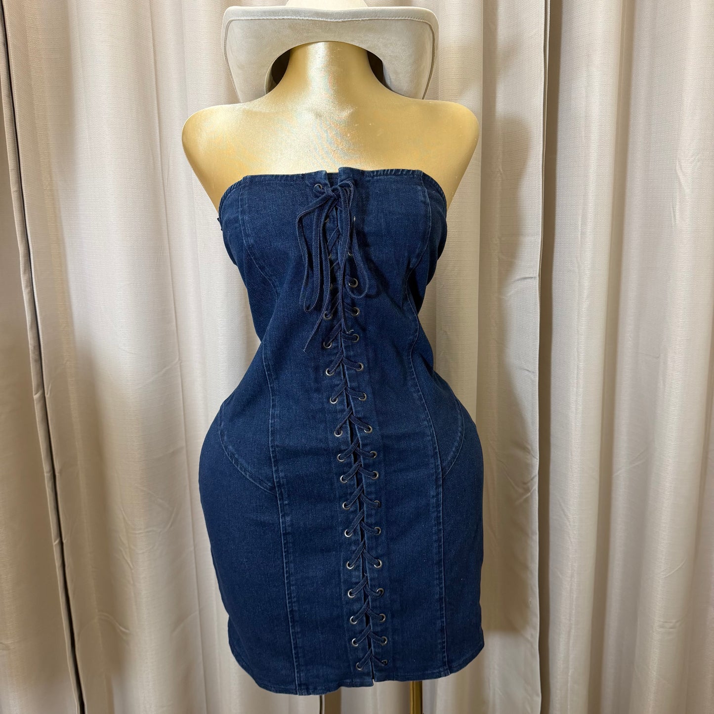 PL-Denim lace up Strapless Denim Dress -Blue