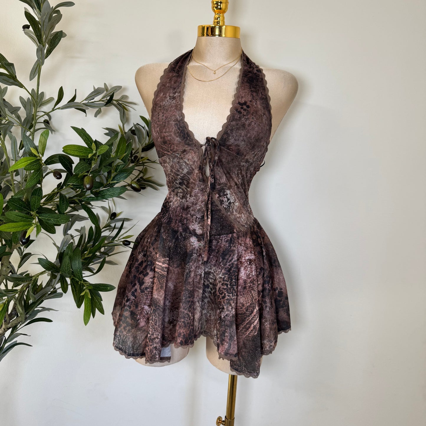 Halter Mini  Dress-Brown Print