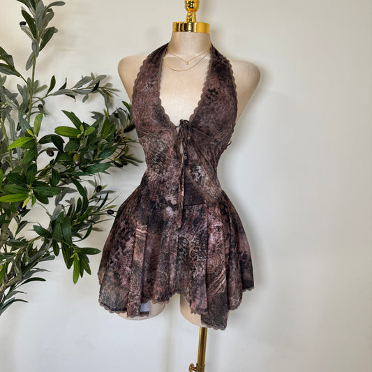 Halter Mini  Dress-Brown Print