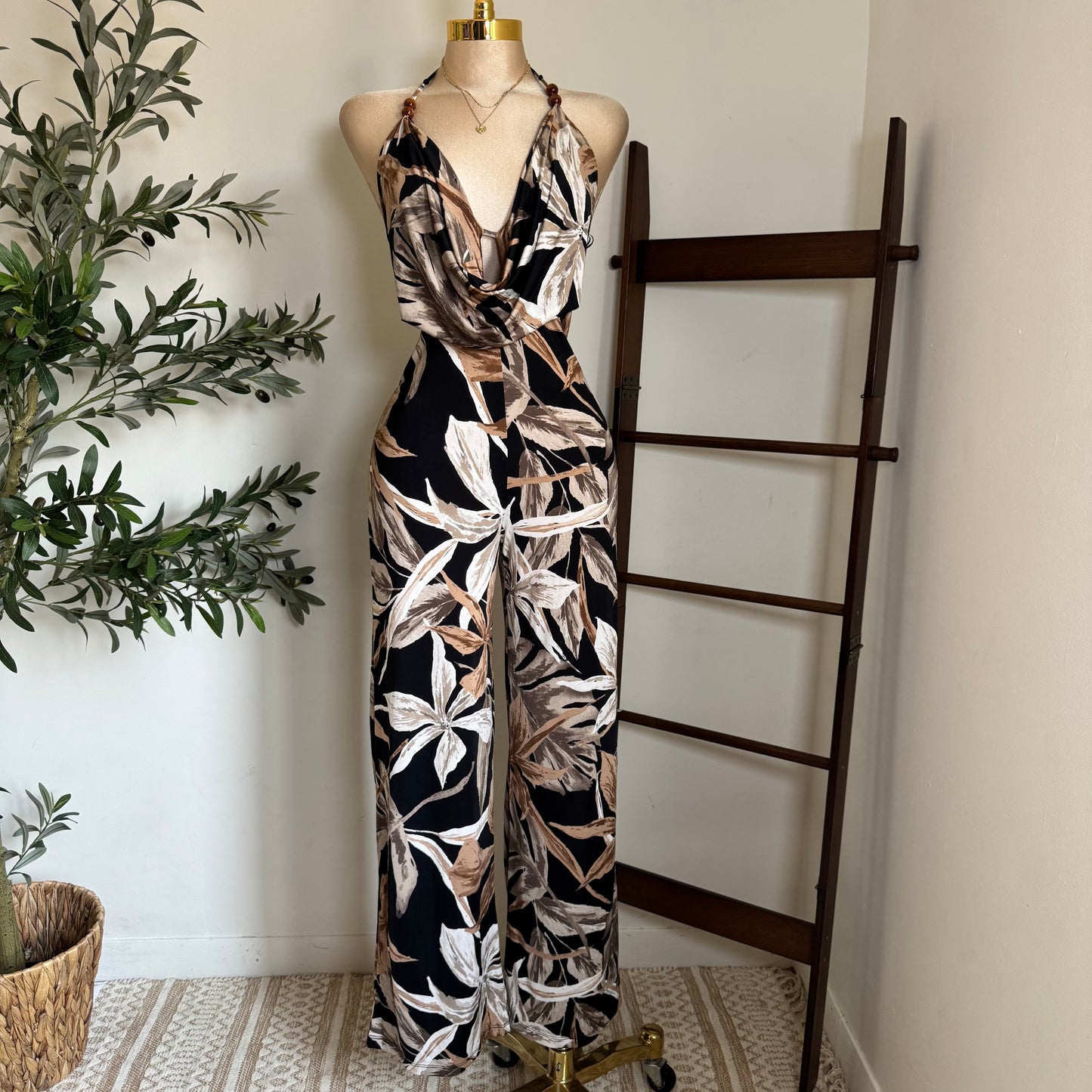 Bead Cowl Neck Halter Jumpsuit-Leaf Print