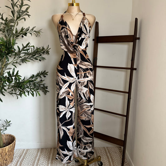 Bead Cowl Neck Halter Jumpsuit-Leaf Print