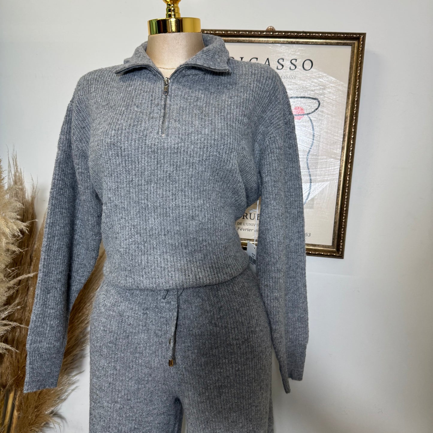 Quarter zip sweater and Pants Set-Heather Gray