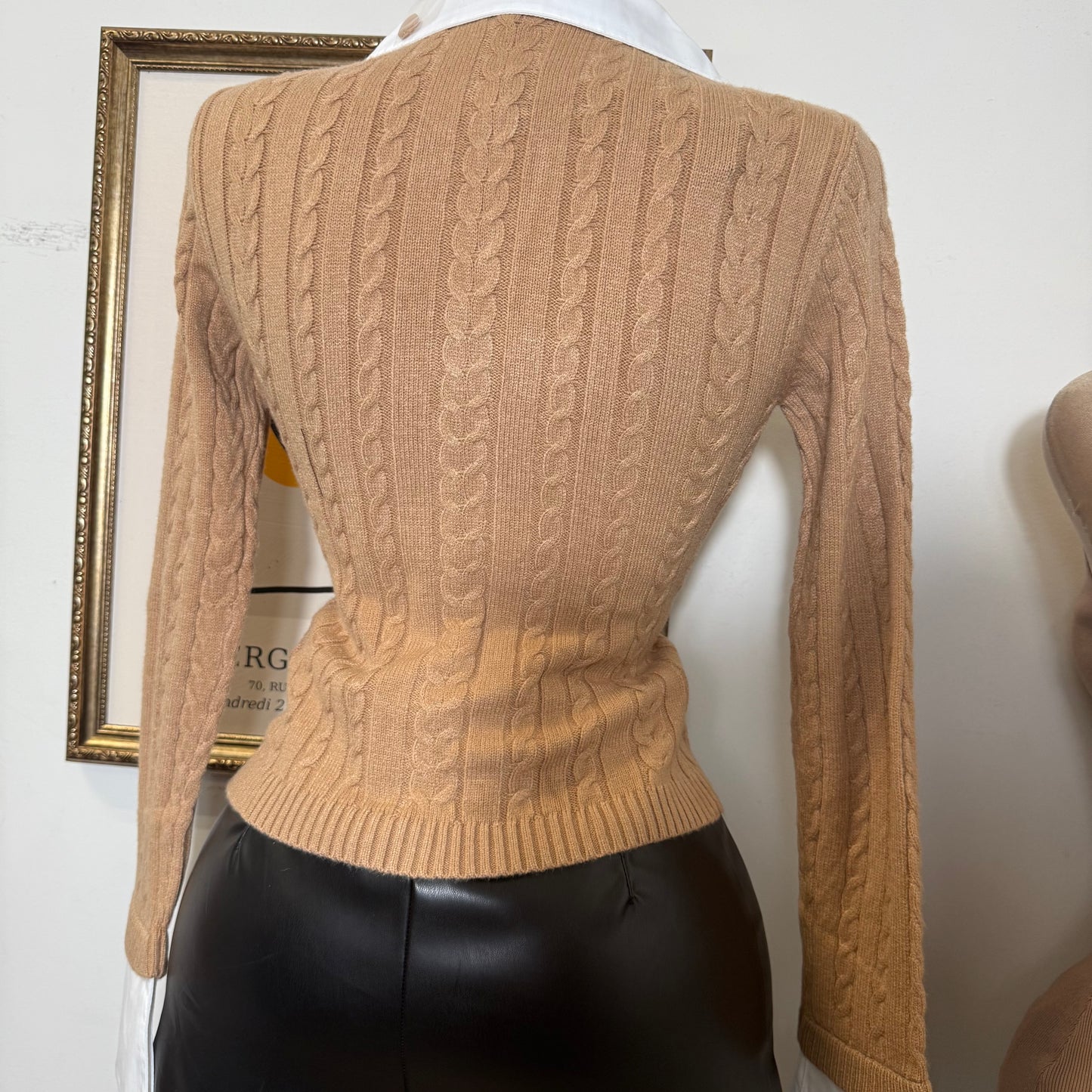 Collar Trim Detail button Down Cable Knit Cardigan-Khaki