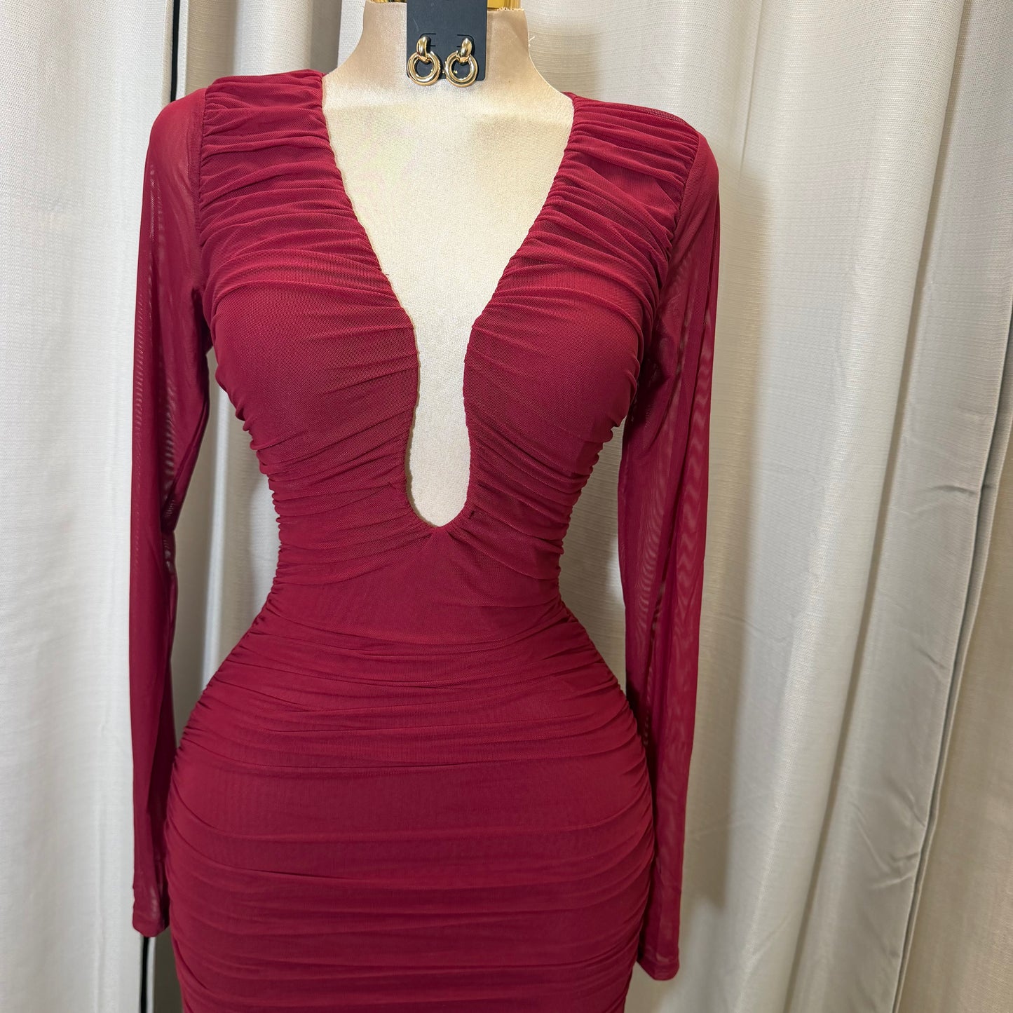 Mesh Long Sleeve Midi Dress w/ a U wire insert-Wine/Burgundy