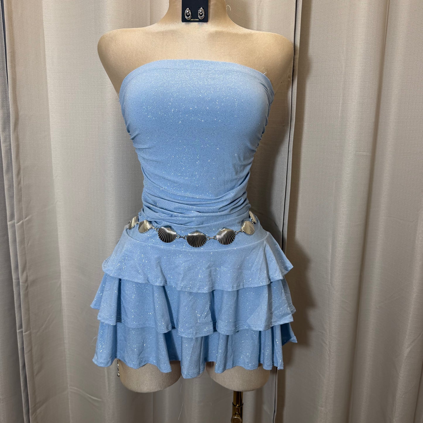 Glitter Strapless Tube Flare Dress-Blu