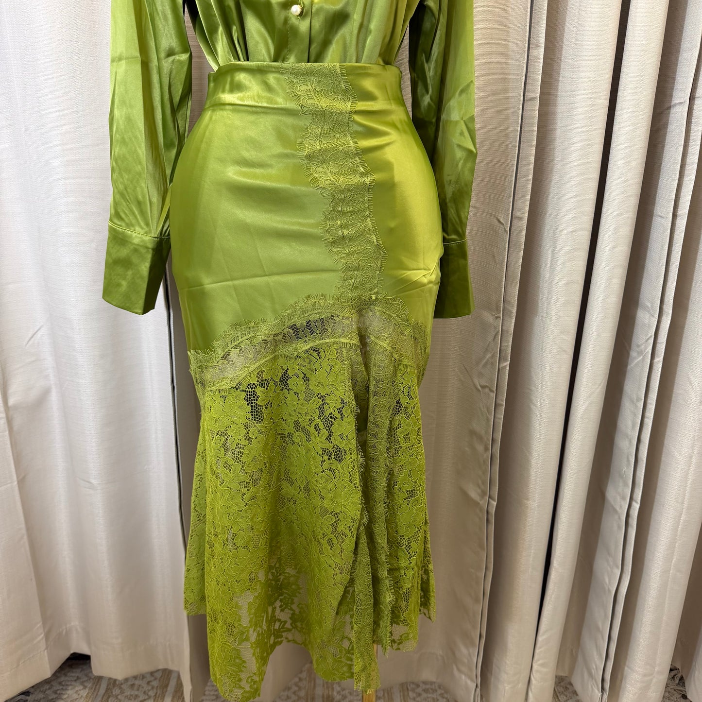 Satin Long Sleeve Top with Lace Skirt-Sage Green/Olive
