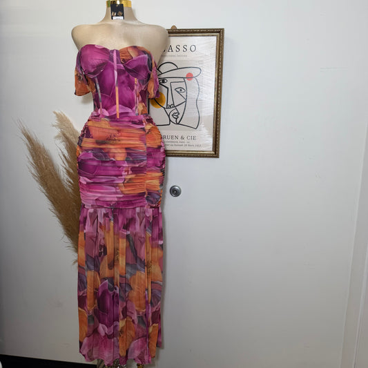 Floral Ruched Off Shoulder Maxi Dress with high slit-Mauve/Pink