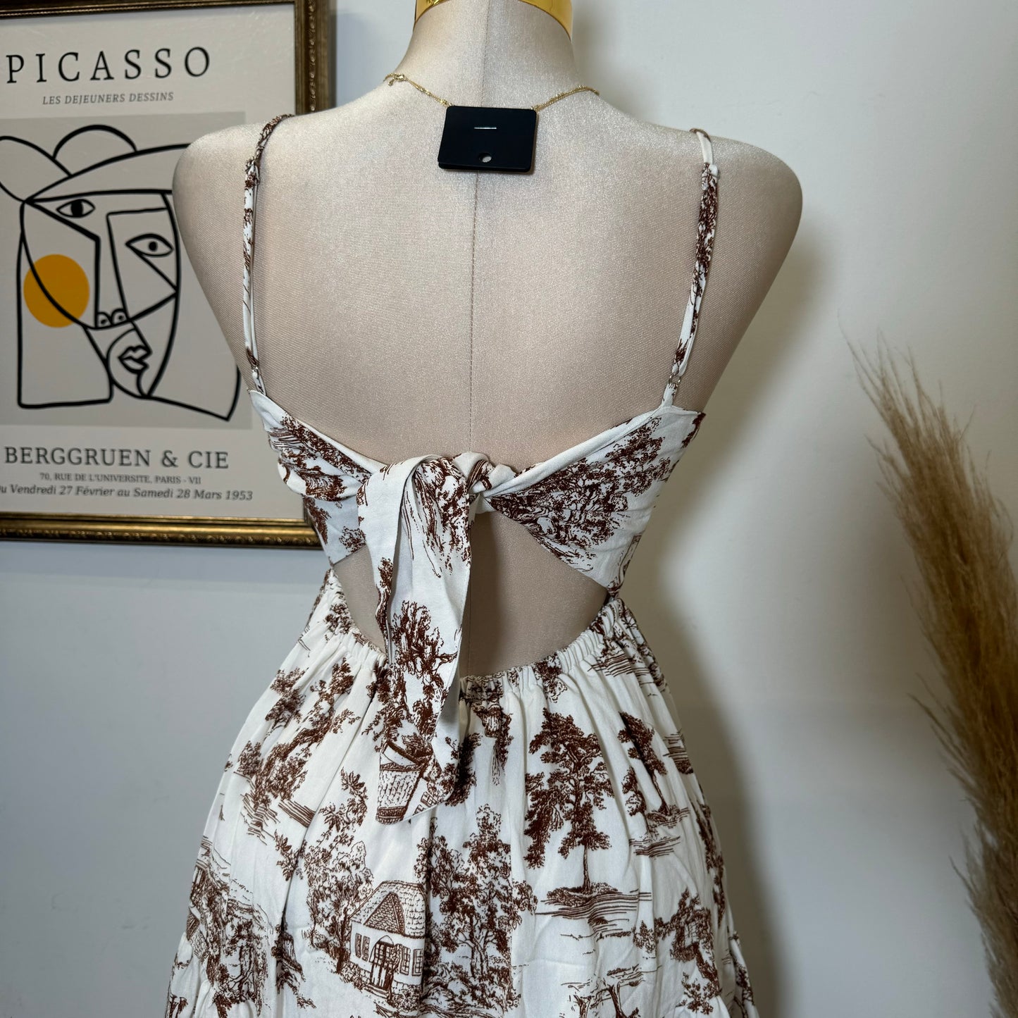 Summer Dress Open Back-White/Brown