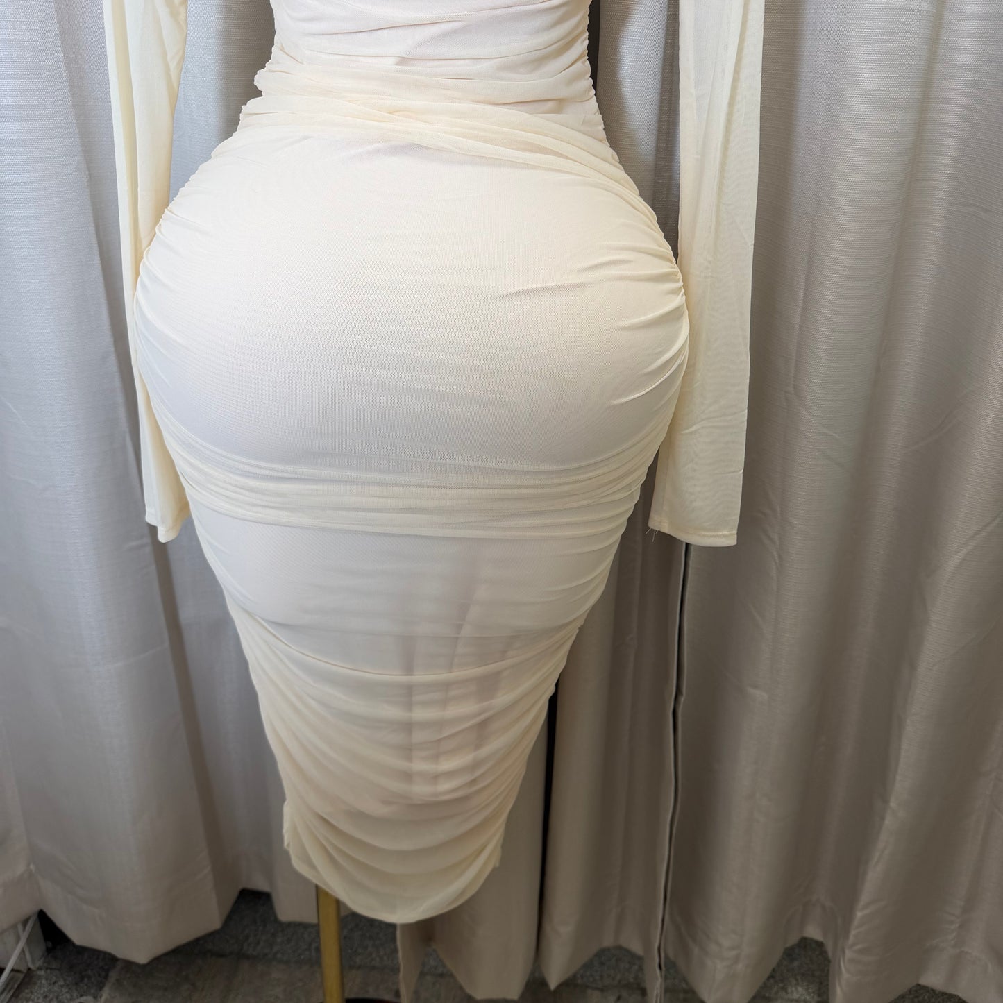 Solid Mesh Mock Neck Midi Long Sleeve Dress-Cream