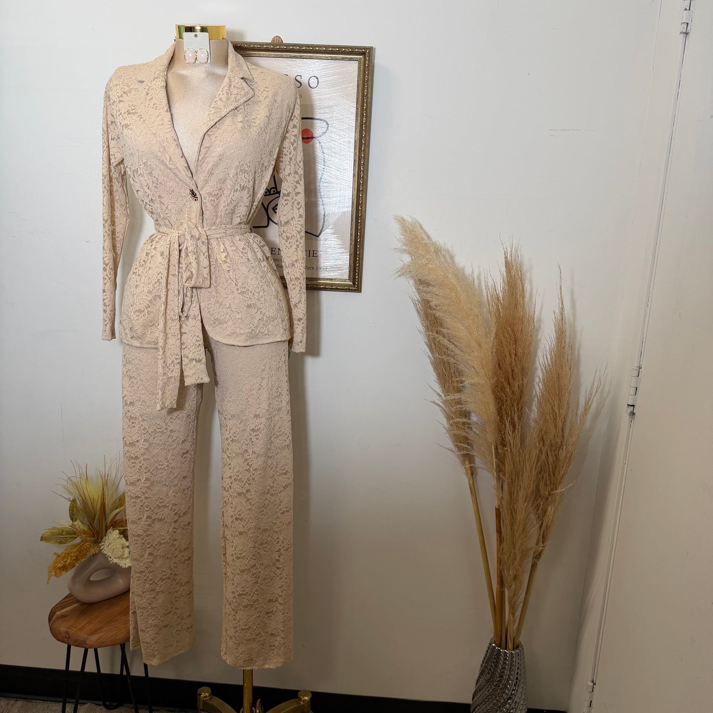Lace blazer Pant Set -Beige