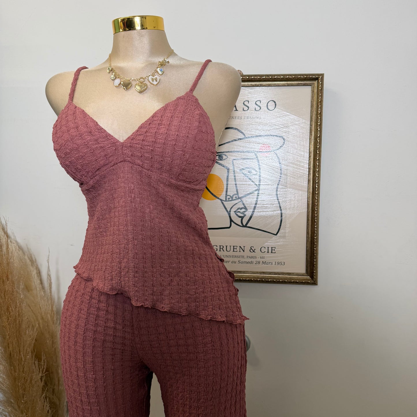 Merrow Asymmetric Hem Top and Pant Set-Marsala