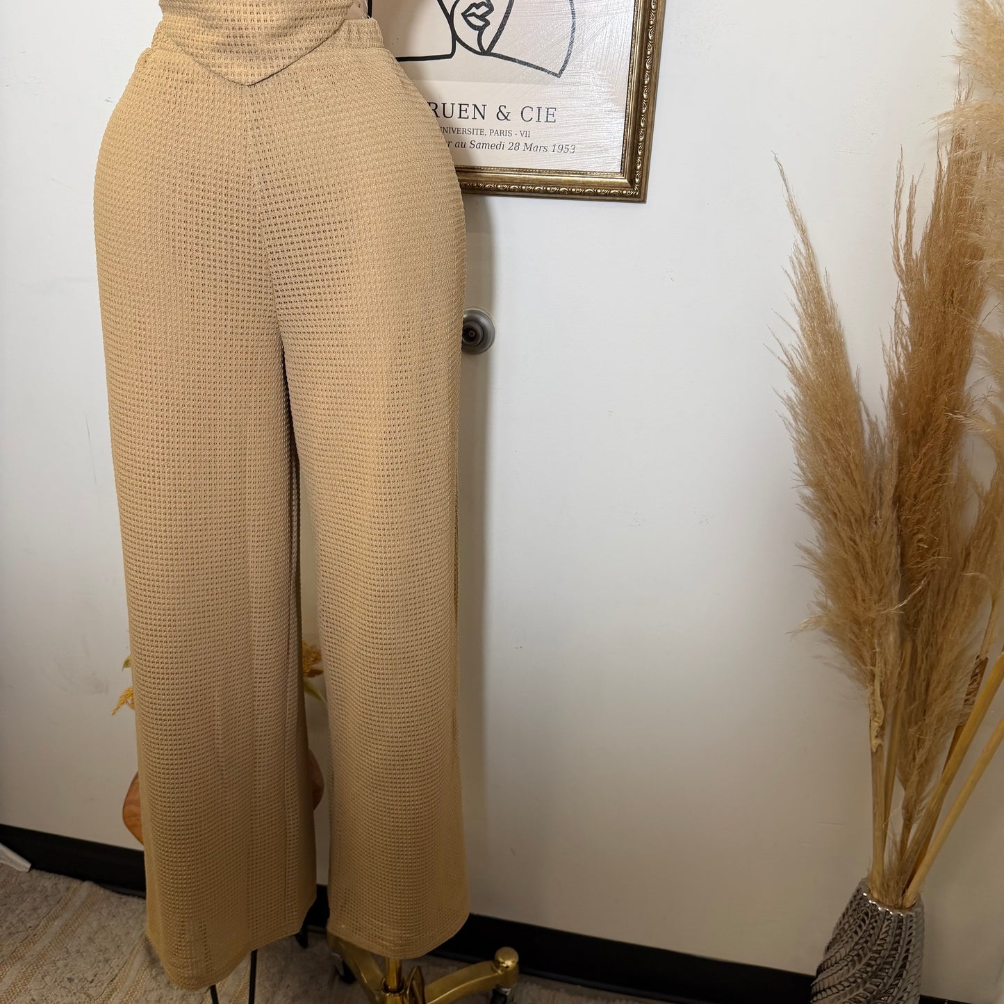 Waffle Knit Seashell Trim Top Wide leg Pant Set-Taupe