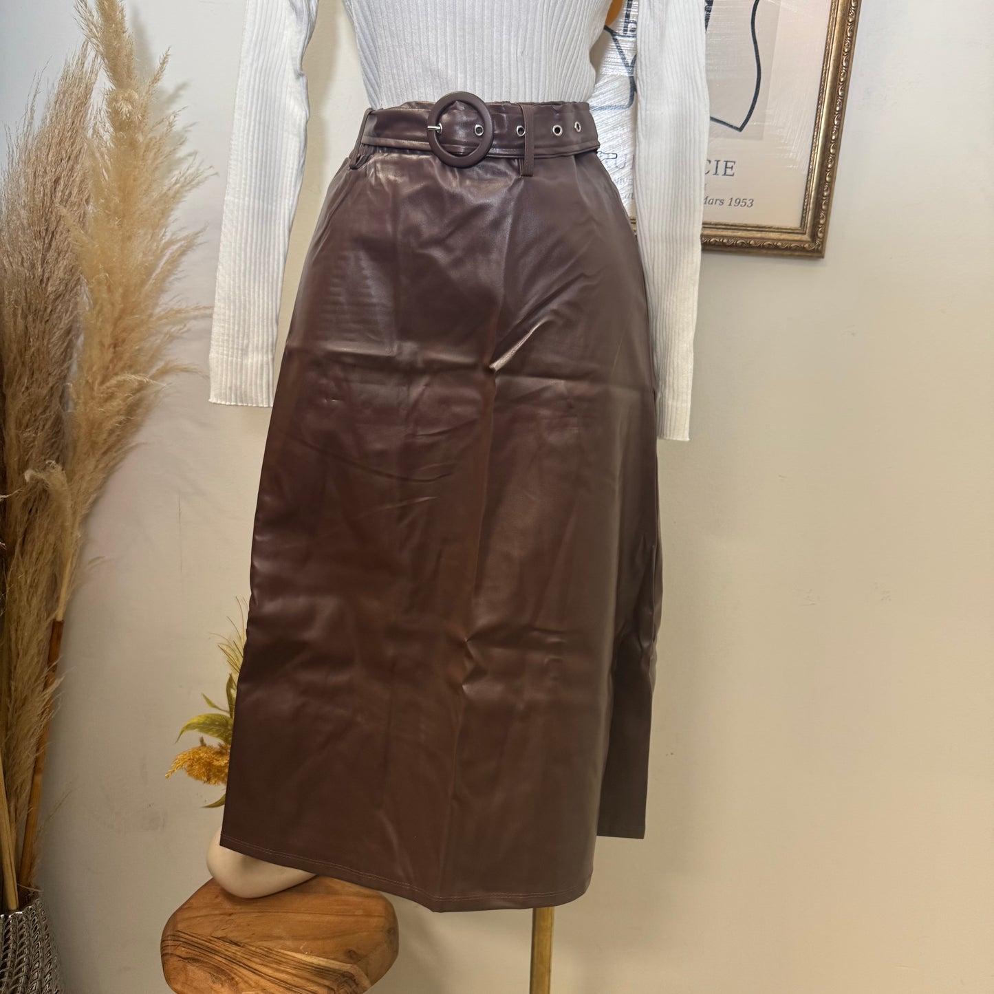 Pu Belted A Line Skirt-Brown
