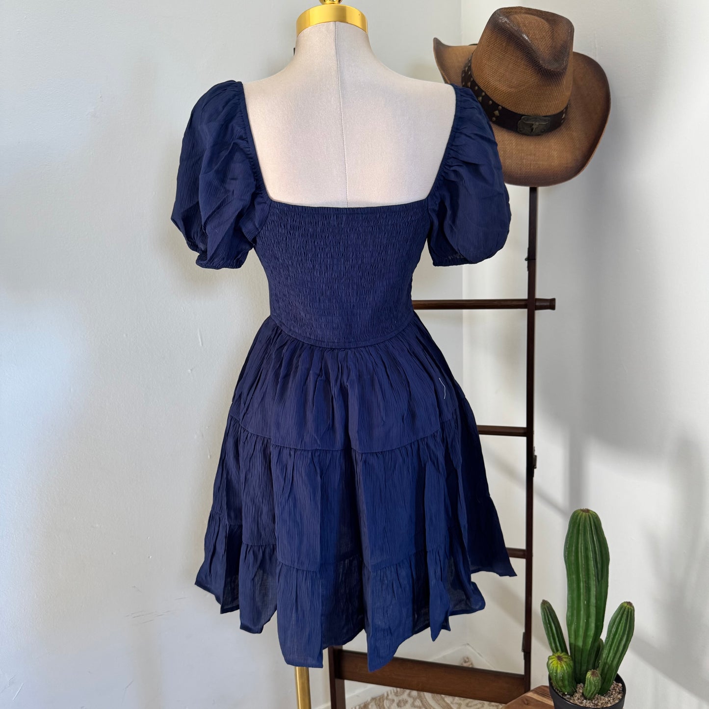Puff Sleeve Tiered Mini Dress-Navy