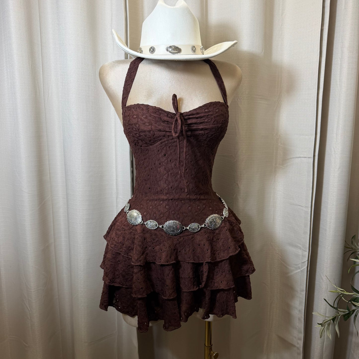 Eyelet halter neck Tiered Ruffle Mini Dress-Brown